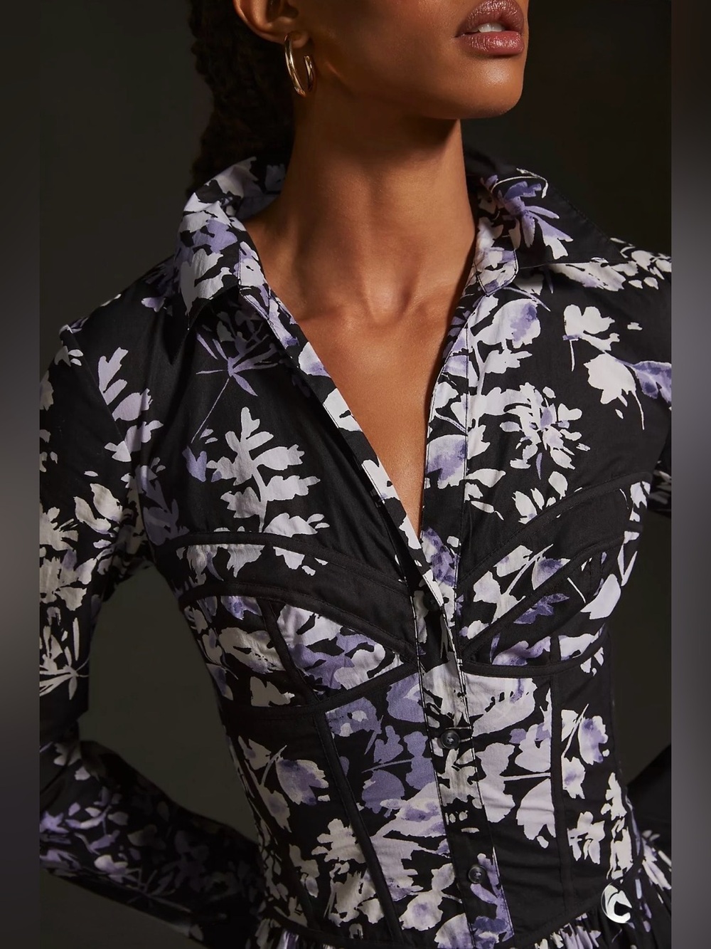 Anthropologie Corset Shirt Dress Cotton Floral Mini Black Purple Long Sleeve 8